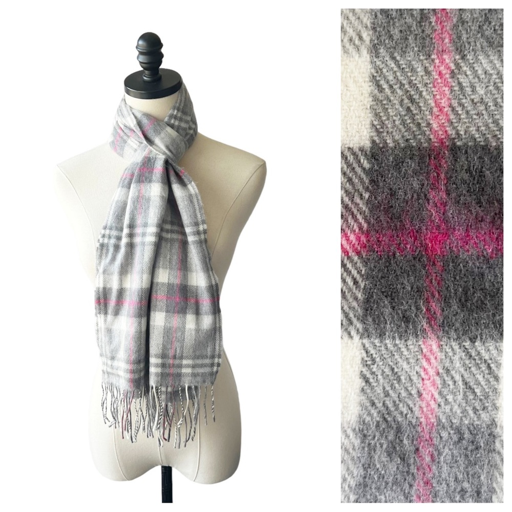 John Hanley Ireland Pink and Grey Plaid Merino Wool Scarf